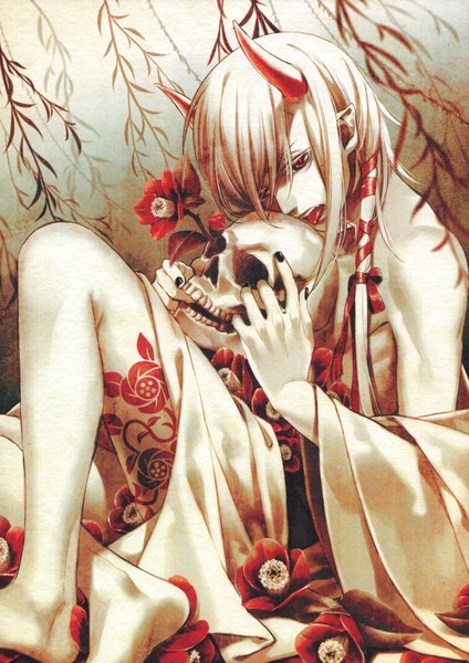 Anime picture 2600x3677 with yone kazuki single long hair tall image highres blonde hair red eyes japanese clothes horn (horns) grey hair licking boy flower (flowers) ribbon (ribbons) kimono tongue skull camellia (flower)