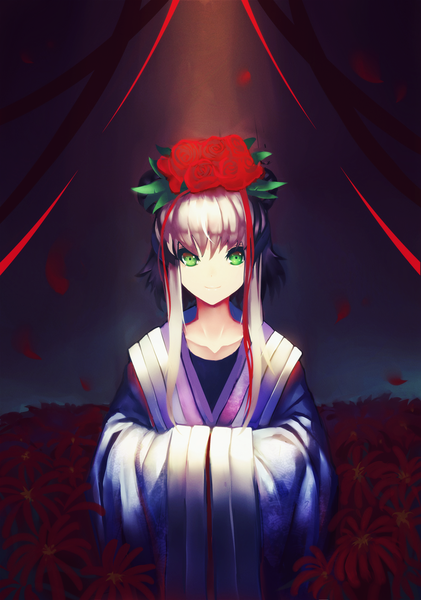 Anime picture 913x1300 with vocaloid vocaloid china luo tianyi tianlluo single long hair tall image looking at viewer smile green eyes silver hair traditional clothes japanese clothes hair flower wide sleeves dark background girl hair ornament flower (flowers) petals