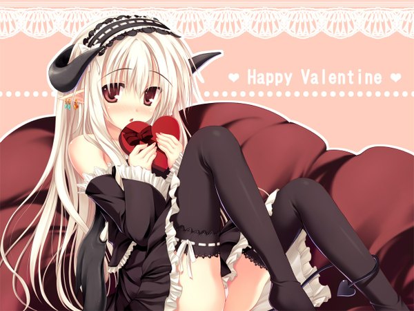 Anime picture 1280x960 with tateha (marvelous grace) long hair blush light erotic red eyes white hair tail very long hair horn (horns) pointy ears elf lolita fashion valentine goth-loli thighhighs detached sleeves earrings wings headdress jewelry
