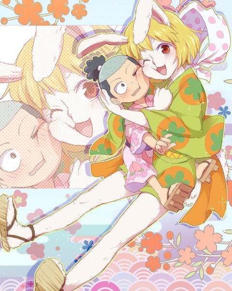 Anime-Bild 840x1050 mit one piece toei animation carrot (one piece) momonosuke (one piece) 0aoiurn0 tall image short hair open mouth black hair blonde hair red eyes animal ears traditional clothes japanese clothes bare legs bunny ears hug ;d zoom layer seigaiha