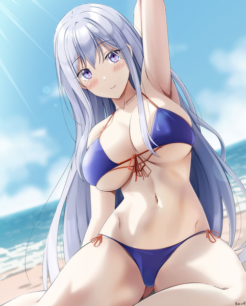Anime picture 1445x1800 with original keenh single long hair tall image looking at viewer blush fringe breasts blue eyes light erotic smile hair between eyes large breasts sitting signed sky silver hair outdoors arm up