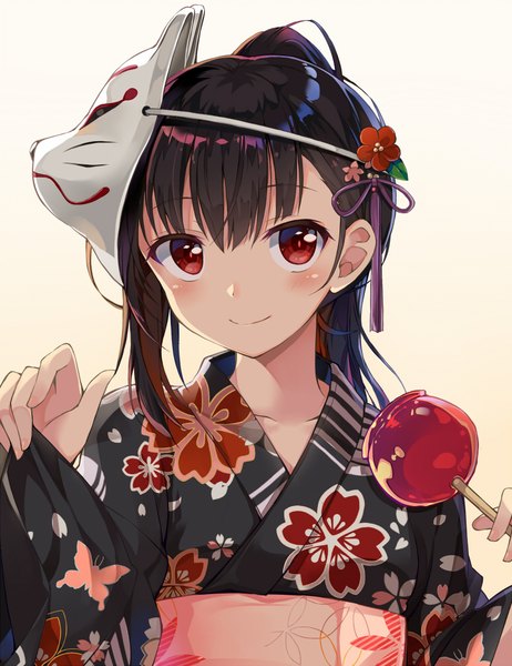 Anime picture 771x1000 with original myuton single long hair tall image looking at viewer blush fringe black hair simple background smile hair between eyes red eyes holding upper body ponytail traditional clothes japanese clothes gradient background floral print