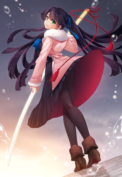 Anime picture 731x1061 with original tamahagane gakuen touransai hazuki gean single long hair tall image black hair green eyes girl skirt ribbon (ribbons) weapon hair ribbon pantyhose sword jacket boots black pantyhose katana nodachi