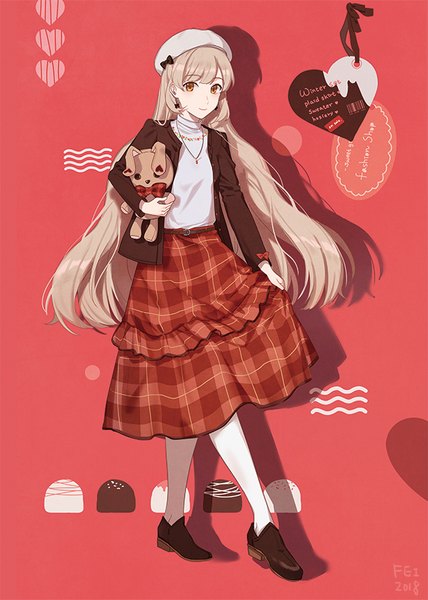 Anime-Bild 600x841 mit vocaloid mayu (vocaloid) usano mimi fei renlei single long hair tall image looking at viewer blonde hair brown eyes full body light smile open jacket shadow plaid skirt fashion girl skirt jacket boots