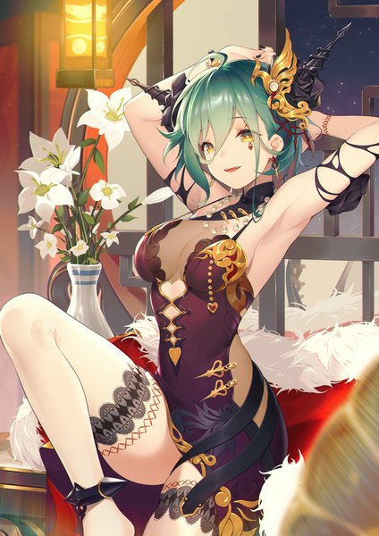 Anime picture 2480x3508 with masterwork apocalypse jiusan naitan single tall image fringe highres short hair breasts open mouth light erotic smile hair between eyes large breasts sitting bare shoulders yellow eyes ahoge indoors :d green hair
