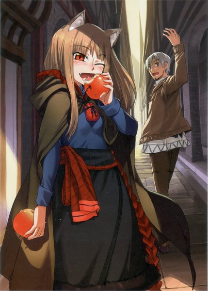 Anime picture 1993x2788 with spice and wolf horo craft lawrence koume keito long hair tall image blush highres short hair open mouth smile red eyes brown hair white hair scan teeth grey eyes fang (fangs) eating wolf ears