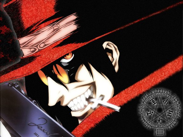 Anime picture 1600x1200 with hellsing alucard (hellsing) holding mouth hold close-up third-party edit clenched teeth boy weapon hat glasses gun cross pistol tagme