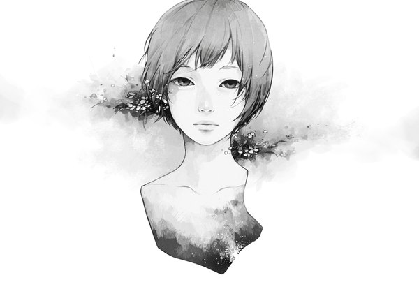 Anime picture 2000x1414 with original tae (artist) single looking at viewer fringe highres short hair simple background white background wind lips monochrome portrait girl