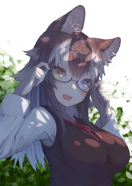 Anime picture 2480x3496 with kemono friends grey wolf (kemono friends) st.takuma single long hair tall image looking at viewer blush fringe highres breasts open mouth black hair simple background smile hair between eyes large breasts white background purple eyes animal ears