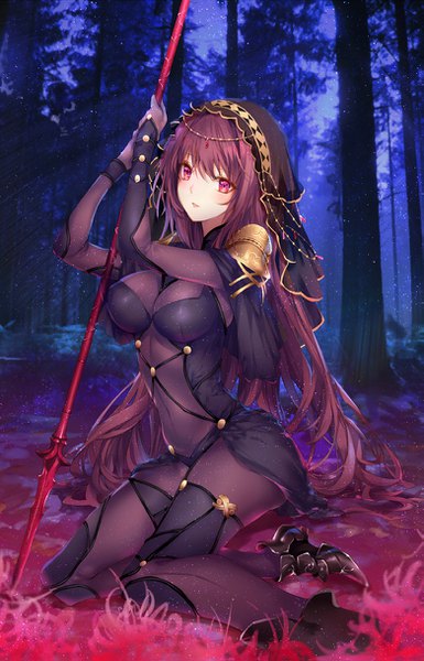 Anime picture 781x1215 with fate (series) fate/grand order scathach (fate) (all) scathach (fate) kinokohime single long hair tall image looking at viewer blush fringe light erotic hair between eyes sitting purple eyes holding purple hair very long hair parted lips night