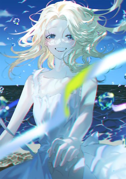 Anime picture 827x1169 with original p (pkochan) long hair tall image looking at viewer blush fringe blue eyes blonde hair smile hair between eyes standing bare shoulders sky cloud (clouds) outdoors wind blurry grin holding hands