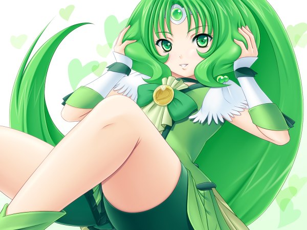 Anime picture 1200x900 with precure smile precure! toei animation midorikawa nao cure march hayami kyuuen single long hair looking at viewer green eyes ponytail green hair girl dress hair ornament leggings