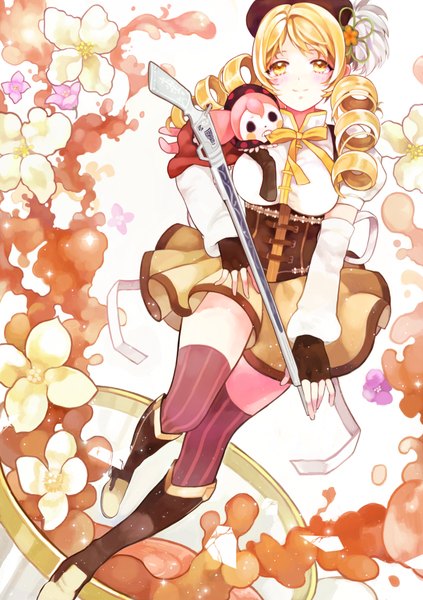 Anime picture 600x851 with mahou shoujo madoka magica shaft (studio) tomoe mami charlotte (madoka magica) raso (bud89) single long hair tall image blush blonde hair yellow eyes pink hair black eyes drill hair underbust girl thighhighs gloves flower (flowers) ribbon (ribbons)