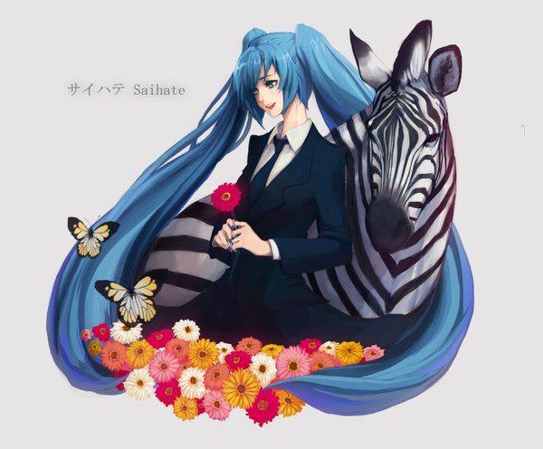 Anime picture 1316x1090 with vocaloid saihate (vocaloid) hatsune miku hachiyuki single long hair looking at viewer open mouth blue eyes simple background smile white background twintails blue hair looking away nail polish blue nail polish girl flower (flowers) animal