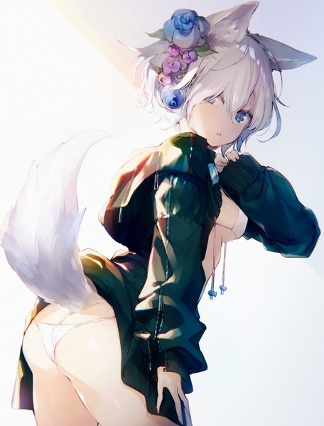 Anime picture 1080x1421 with original yatsuha (hachiyoh) single tall image blush fringe short hair breasts blue eyes light erotic simple background standing animal ears ass tail parted lips animal tail looking back hair flower hair over one eye