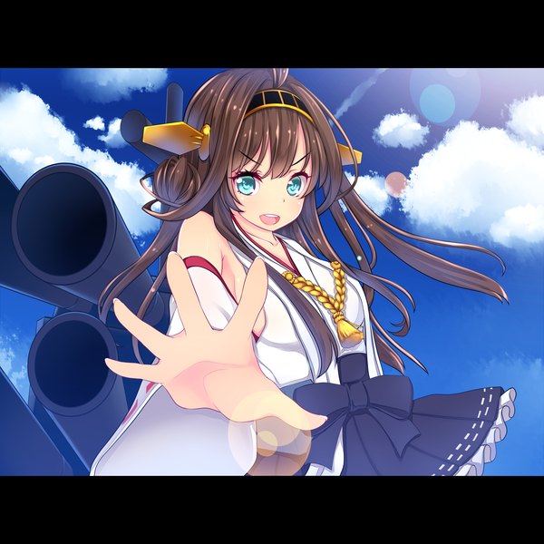Anime picture 3000x3000 with kantai collection kongou battleship kiyomin single long hair looking at viewer blush highres open mouth black hair bare shoulders sky cloud (clouds) aqua eyes letterboxed nontraditional miko girl detached sleeves