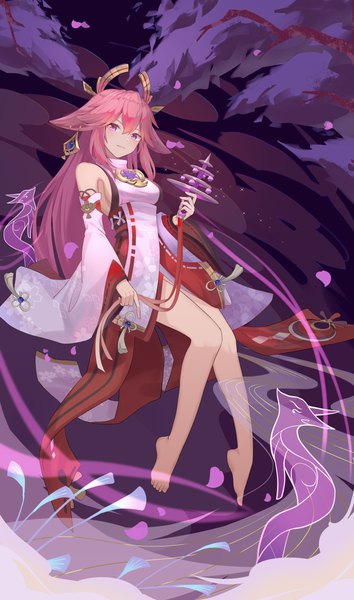 Anime picture 5315x9000 with genshin impact yae miko w-t single long hair tall image fringe highres hair between eyes purple eyes animal ears pink hair absurdres full body traditional clothes japanese clothes barefoot bare legs fox ears nontraditional miko