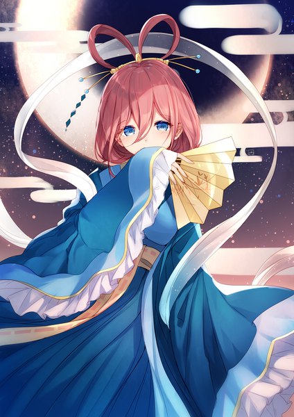Anime picture 1000x1414 with go-toubun no hanayome nakano miku bison cangshu single long hair tall image looking at viewer blush fringe blue eyes hair between eyes brown hair holding traditional clothes japanese clothes wide sleeves alternate costume alternate hairstyle covered mouth crescent