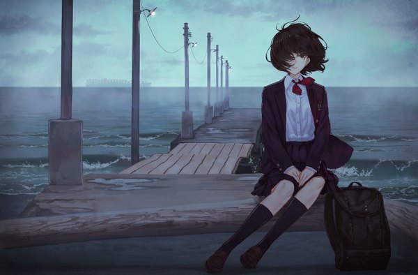 Anime picture 1200x788 with original kaoming single looking at viewer fringe short hair black hair sitting brown eyes sky cloud (clouds) full body bent knee (knees) outdoors pleated skirt wind hair over one eye open clothes horizon fog