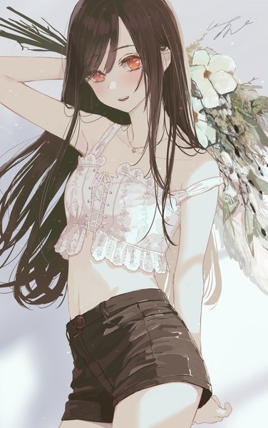 Anime picture 2507x4000 with original pomu (joynet) single long hair tall image looking at viewer blush highres red eyes brown hair signed midriff arm behind head strap slip girl flower (flowers) shorts pendant short shorts crop top