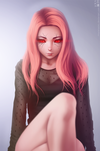 Anime picture 1080x1620 with tokyo ghoul studio pierrot itori (tokyo ghoul) miura-n315 single long hair tall image looking at viewer simple background red eyes sitting signed pink hair bent knee (knees) realistic grey background arm support bare legs depth of field crossed legs