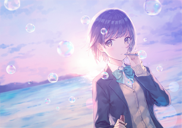 Anime picture 1280x904 with original yuzuhara yukina hiten (hitenkei) single looking at viewer blush fringe short hair holding yellow eyes purple hair upper body outdoors long sleeves parted lips sunlight open clothes dutch angle evening sunset