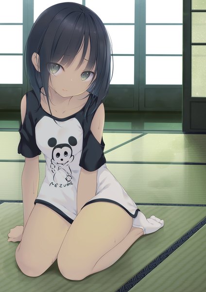 Anime picture 848x1200 with original shokuyou mogura single tall image looking at viewer fringe short hair light erotic black hair sitting green eyes full body indoors head tilt short sleeves sweat no shoes wariza between legs clothes writing