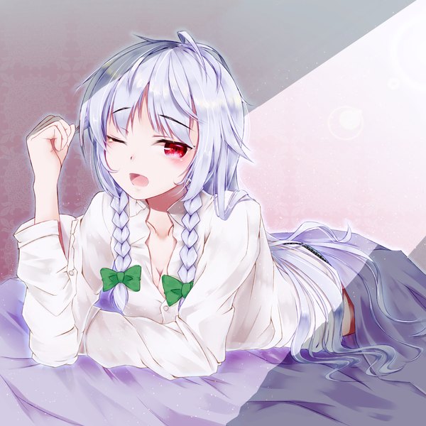 Anime picture 1500x1500 with touhou izayoi sakuya ruki (rokiru) single long hair open mouth red eyes cleavage white hair lying braid (braids) one eye closed wink tears twin braids on stomach crying girl