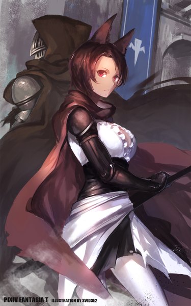 Anime picture 945x1512 with original pixiv fantasia pixiv fantasia t swd3e2 tall image short hair red eyes brown hair animal ears girl dress gloves weapon sword elbow gloves cape helmet