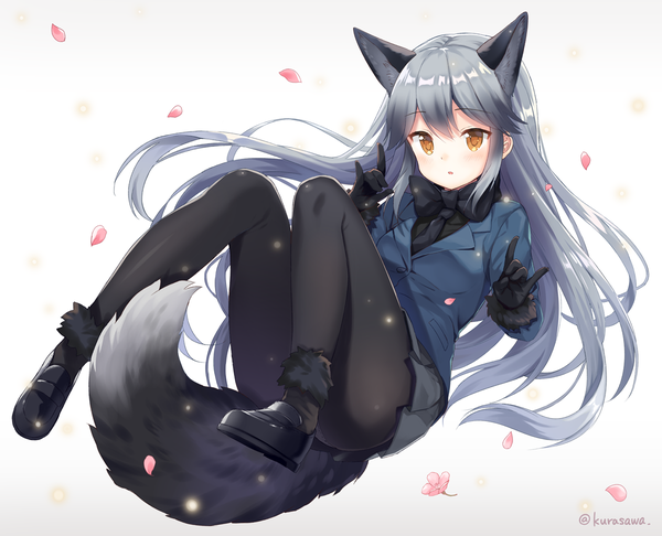 Anime picture 1200x972 with kemono friends silver fox (kemono friends) kurasawa moko single long hair looking at viewer blush fringe light erotic brown eyes signed animal ears payot full body tail parted lips animal tail pleated skirt grey hair fur trim