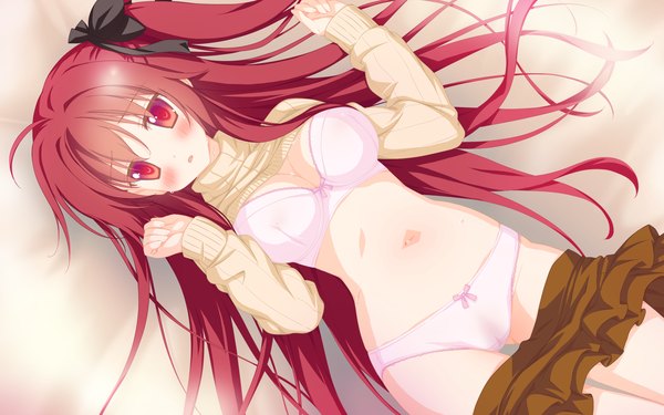 Anime picture 2048x1280 with astralair no shiroki towa tachibana ochiba single long hair blush highres open mouth light erotic red eyes game cg red hair one side up girl navel underwear panties bow hair bow lingerie bra
