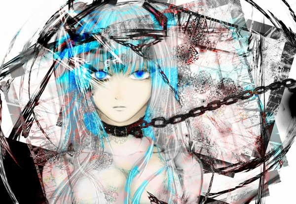 Anime picture 1500x1037 with vocaloid hatsune miku long hair blue eyes twintails blue hair girl chain collar