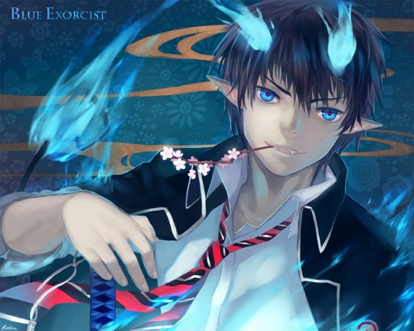 Anime picture 1024x820 with ao no exorcist a-1 pictures okumura rin robinexile single short hair blue eyes black hair pointy ears mouth hold glowing smoke uniform weapon school uniform sword choker necktie katana branch