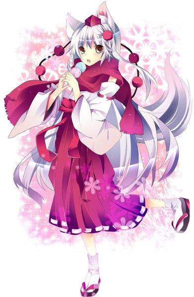 Anime picture 1000x1533 with touhou inubashiri momiji yuika (yurika712) single tall image looking at viewer short hair open mouth brown eyes silver hair very long hair japanese clothes wolf ears wolf tail wolf girl girl detached sleeves socks food sweets