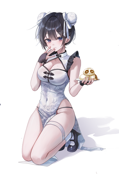 Anime picture 4043x5917 with original myowa single tall image looking at viewer fringe highres short hair light erotic black hair simple background white background purple eyes holding absurdres cleavage full body traditional clothes mole shadow
