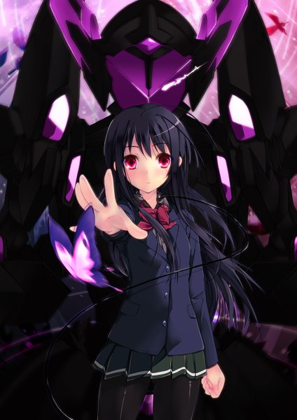 Anime picture 1000x1414 with accel world sunrise (studio) kuroyukihime hasshin akiichi (yagami shuuichi) long hair tall image looking at viewer black hair red eyes girl skirt uniform school uniform miniskirt bowtie insect butterfly wire (wires)