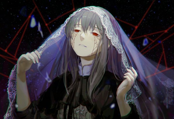 Anime picture 1000x688 with mahou shoujo madoka magica shaft (studio) akemi homura homulilly achyue single long hair red eyes looking away grey hair space girl dress black dress star (stars) lace spider web cloth