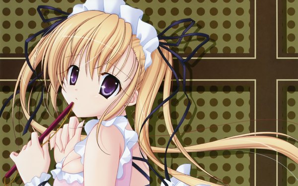 Anime picture 1920x1200 with highres blonde hair wide image purple eyes twintails maid
