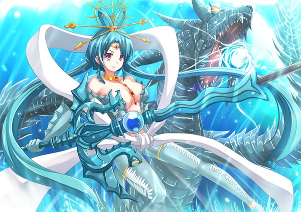 Anime picture 1900x1343 with magi the labyrinth of magic a-1 pictures kazenokaze highres breasts light erotic twintails blue hair very long hair pink eyes underwater djinn equip girl gloves hair ornament weapon sword elbow gloves dragon