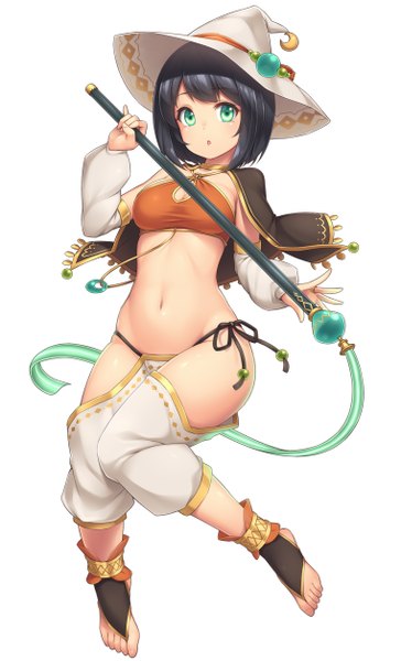 Anime picture 762x1254 with original sasaame single tall image looking at viewer short hair light erotic black hair simple background white background green eyes traditional clothes girl navel ribbon (ribbons) hat arabian clothes