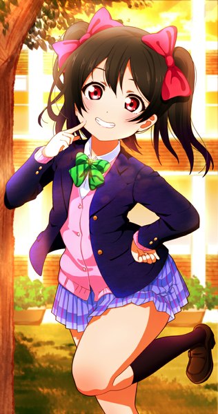 Anime picture 616x1170 with love live! school idol project sunrise (studio) love live! yazawa nico red disappointment single long hair tall image looking at viewer blush black hair smile red eyes twintails girl skirt uniform bow hair bow school uniform