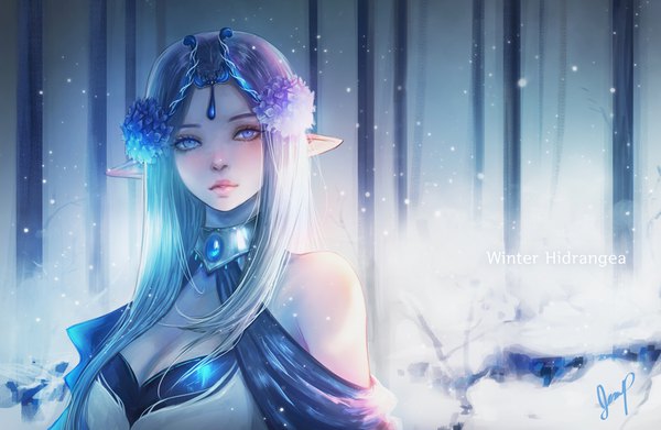 Anime picture 900x587 with original xhilia7 single long hair looking at viewer blue eyes bare shoulders signed cleavage silver hair upper body pointy ears off shoulder snowing winter snow girl hair ornament plant (plants) tree (trees)