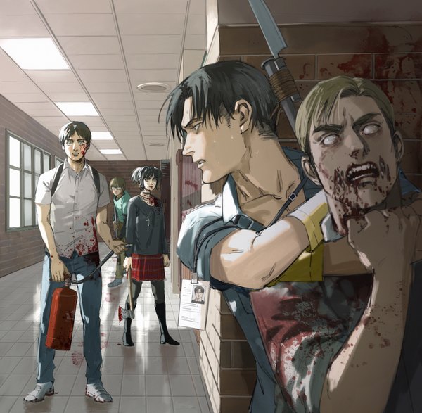 Anime picture 3076x3010 with shingeki no kyojin production i.g mikasa ackerman eren yaeger levi (rivaille) armin arlert erwin smith thisuserisangry looking at viewer fringe highres short hair open mouth black hair blonde hair standing twintails holding green eyes payot