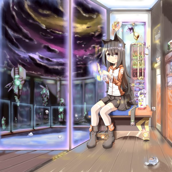 Anime picture 2480x2480 with original hinbackc single long hair looking at viewer blush fringe highres open mouth black hair sitting brown eyes animal ears cleavage cloud (clouds) full body tail animal tail night night sky