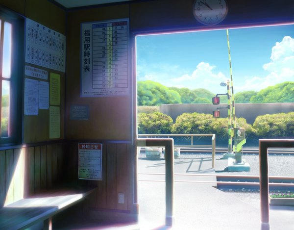 Anime picture 1700x1330 with original monorisu sky cloud (clouds) no people landscape plant (plants) tree (trees) clock bench wall clock traffic lights railways