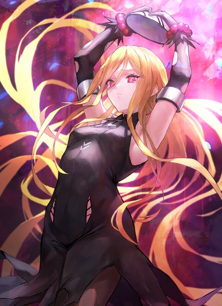 Anime picture 1300x1787 with overlord (maruyama) madhouse evileye (overlord) otsukemono single long hair tall image fringe blonde hair hair between eyes red eyes standing holding looking away arms up armpit (armpits) girl dress gloves black gloves