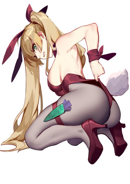 Anime picture 1240x1754 with romantic saga of beauty & devil daye bie qia lian single long hair tall image looking at viewer fringe breasts light erotic blonde hair simple background white background twintails green eyes animal ears full body ass tail animal tail looking back