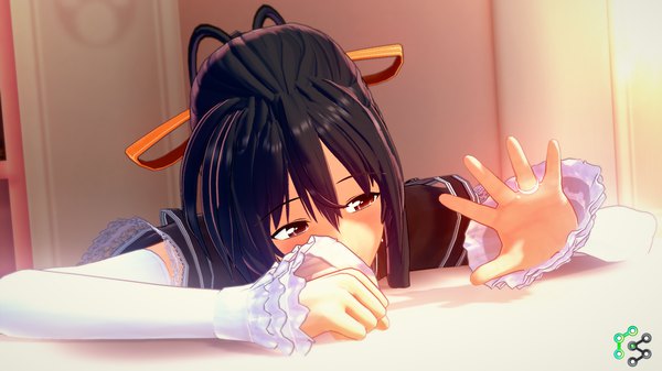 Anime picture 1920x1080 with highschool dxd himejima akeno iagas7791 single long hair fringe highres black hair hair between eyes wide image brown eyes payot looking away ponytail indoors sunlight covered mouth girl uniform ribbon (ribbons)