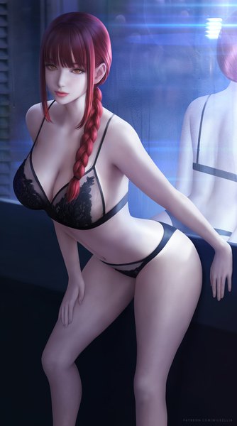 Anime picture 3900x7000 with chainsaw man mappa makima (chainsaw man) wickellia single long hair tall image looking at viewer fringe highres breasts light erotic large breasts standing signed yellow eyes payot absurdres cleavage red hair