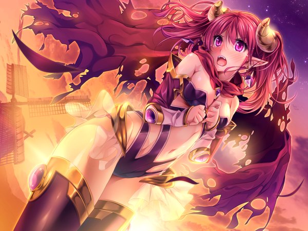 Anime picture 1024x768 with grimoire no shisho armodias marushin (denwa0214) single long hair blush breasts open mouth light erotic purple eyes twintails game cg red hair horn (horns) pointy ears demon girl girl thighhighs navel black thighhighs